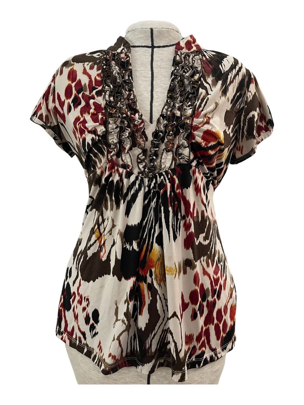 HeartSoul Cream, Brown, Red Ruffled V-Neck Printed Blouse